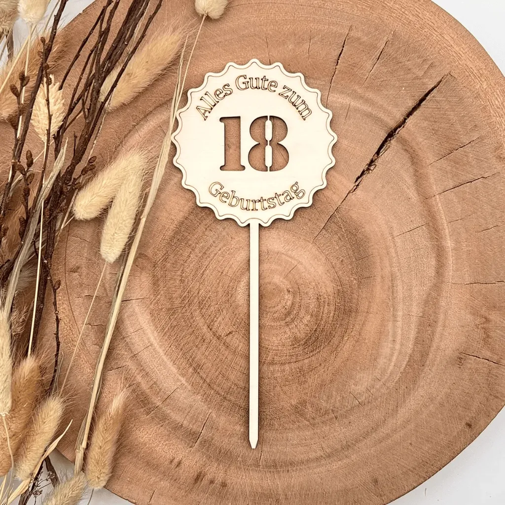 Geburtstagsstecker aus Holz „Alles Gute zum Geburtstag“ – Geschenkstecker mit Jahreszahl