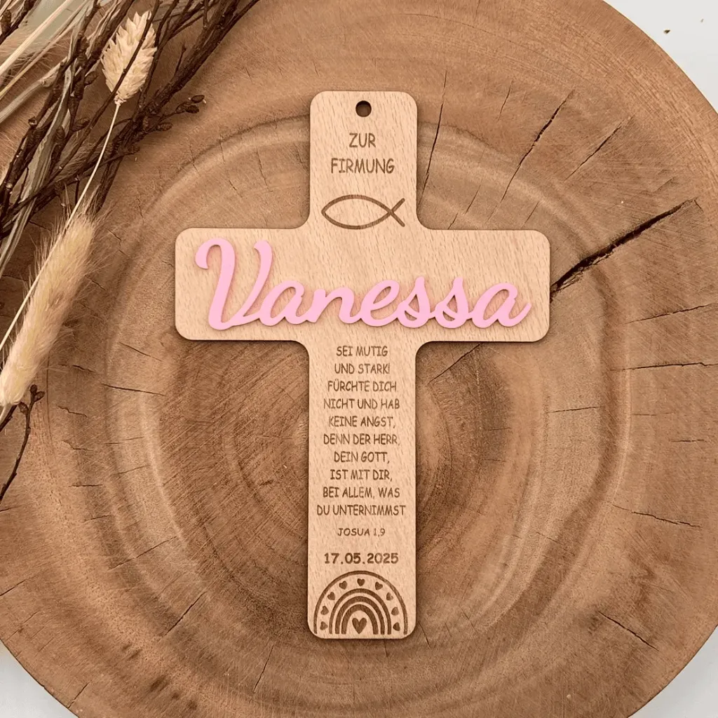 Personalisiertes Kreuz zur Firmung aus Holz mit farbigem Acryl-Schriftzug - Ichthys Motiv