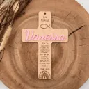 Personalisiertes Kreuz zur Firmung aus Holz mit farbigem Acryl-Schriftzug - Ichthys Motiv