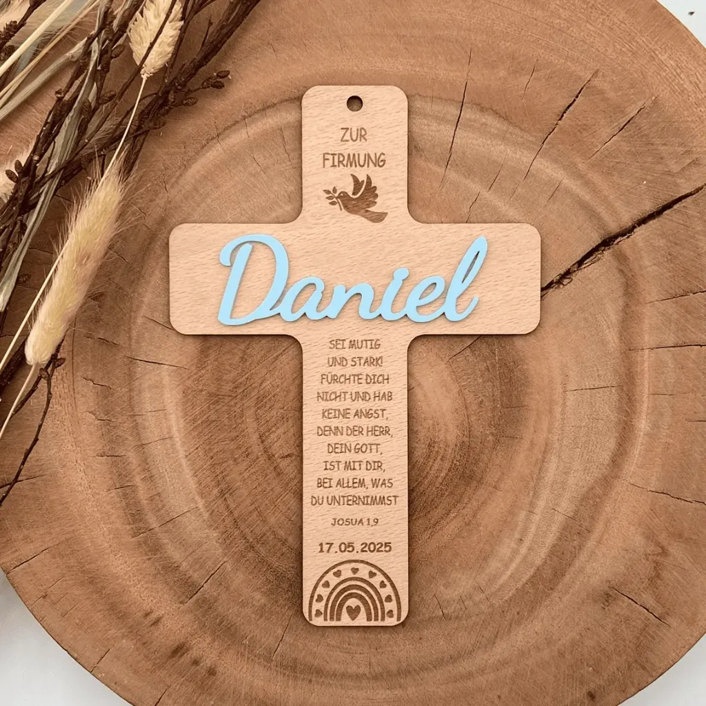 Personalisiertes Kreuz zur Firmung aus Holz mit farbigem Acryl-Schriftzug - Tauben Motiv