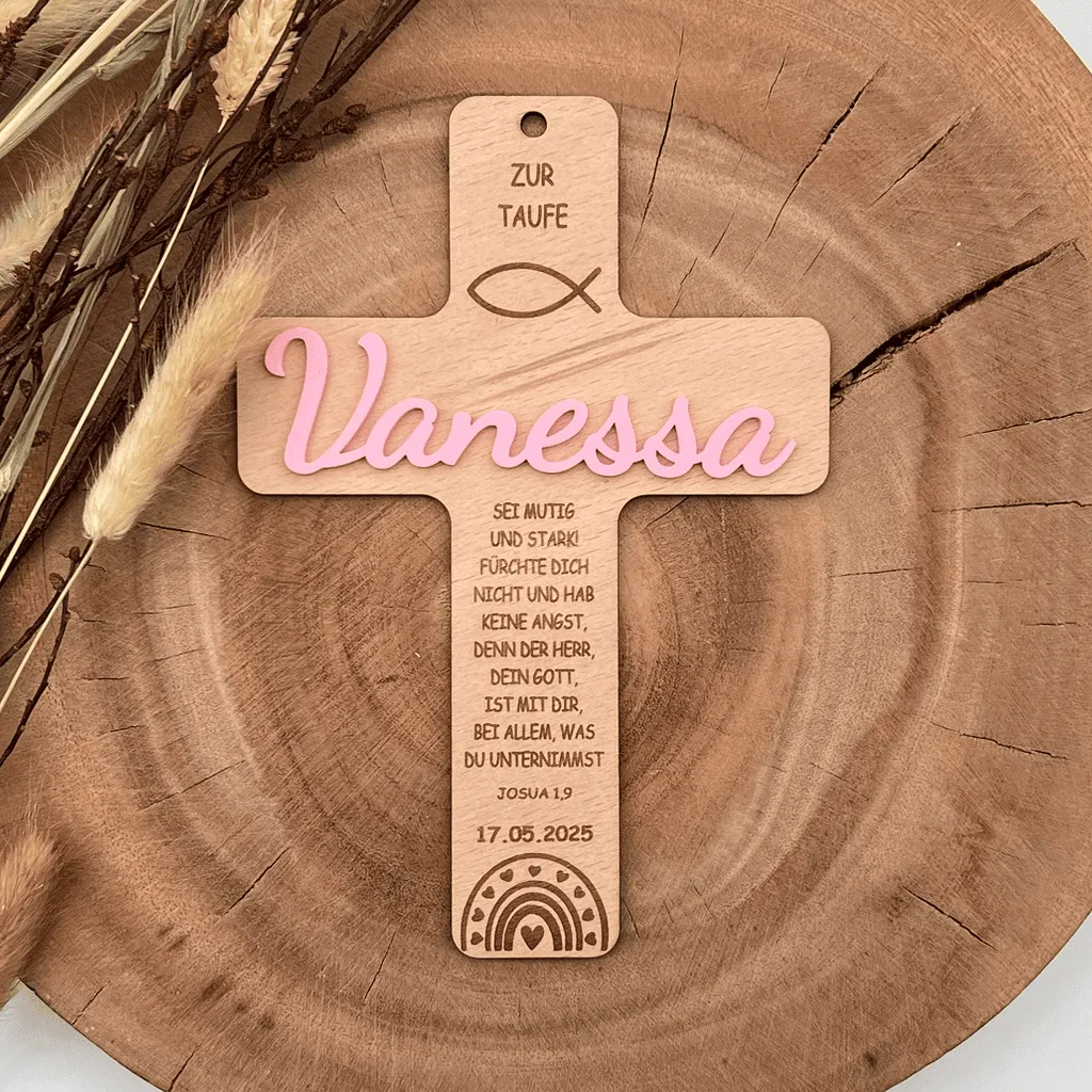Personalisiertes Kreuz zur Taufe aus Holz mit farbigem Acryl-Schriftzug - Ichthys Motiv