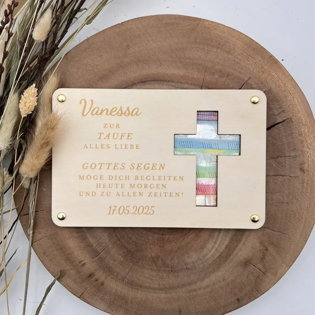 Geldgeschenk aus Holz zur Taufe mit Kreuz – personalisierbar (Unpersonalisiert)