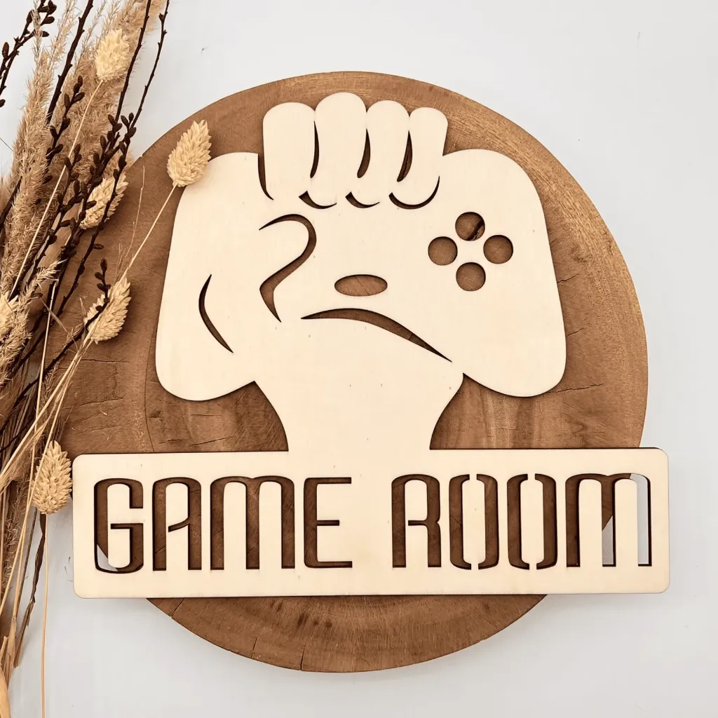 [A00068] Holzschild „GAME ROOM“ – Gaming Wanddeko (Natur)