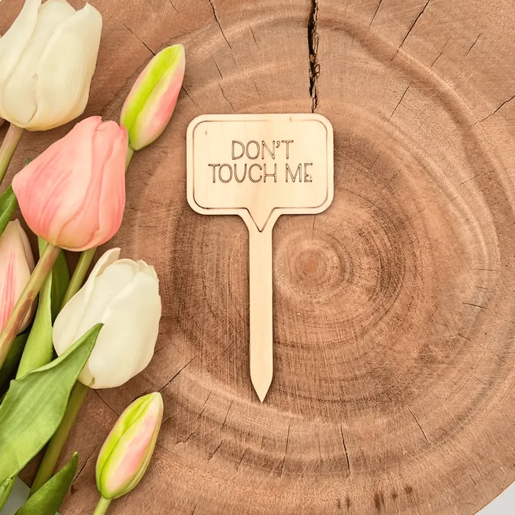 [A00689] Pflanzenstecker aus Holz mit Spruch – „DON'T TOUCH ME“ (Natur)