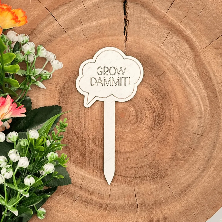 Pflanzenstecker aus Holz mit Spruch – „GROW DAMMIT“