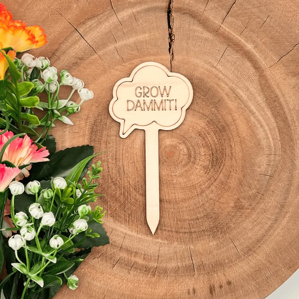 [A00684] Pflanzenstecker aus Holz mit Spruch – „GROW DAMMIT“ (Natur)