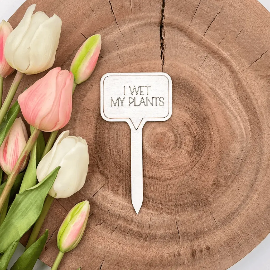 Pflanzenstecker aus Holz mit Spruch – „I WET MY PLANTS“