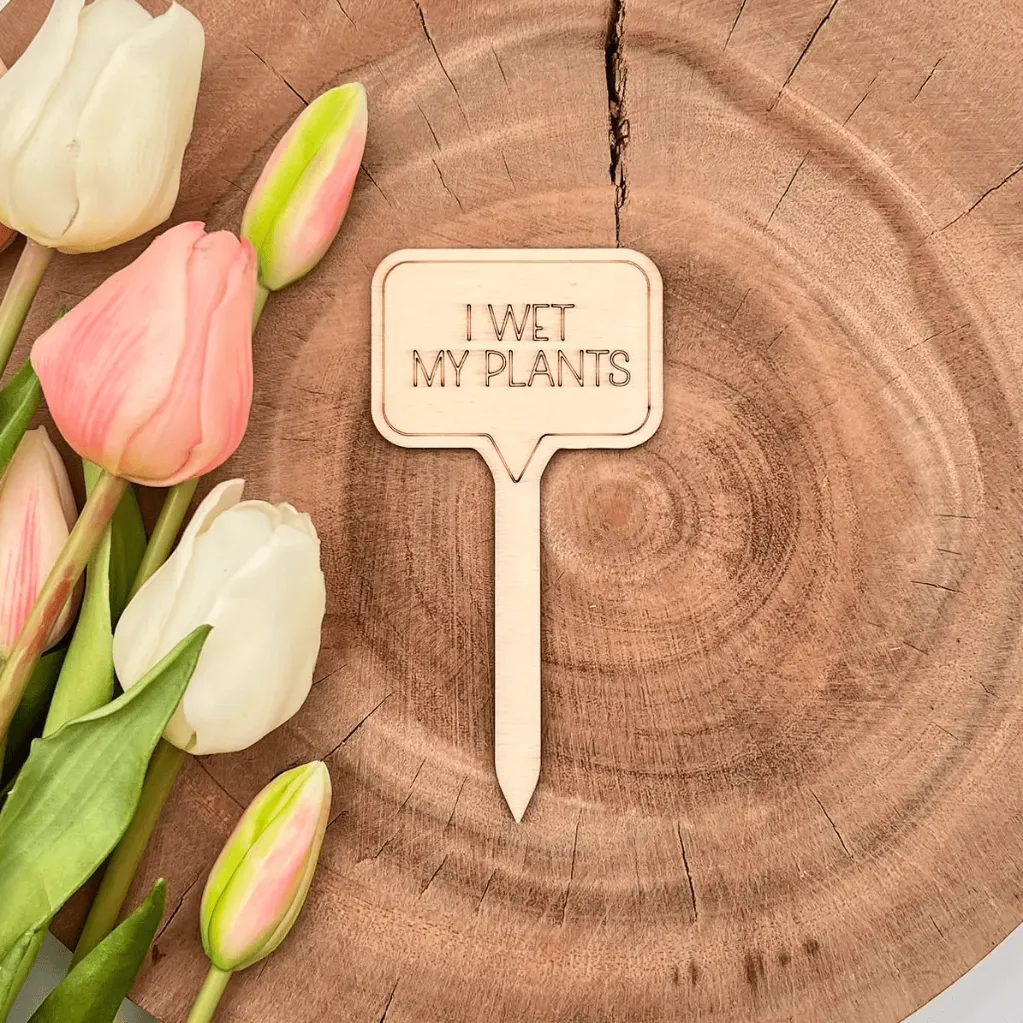 Pflanzenstecker aus Holz mit Spruch – „I WET MY PLANTS“