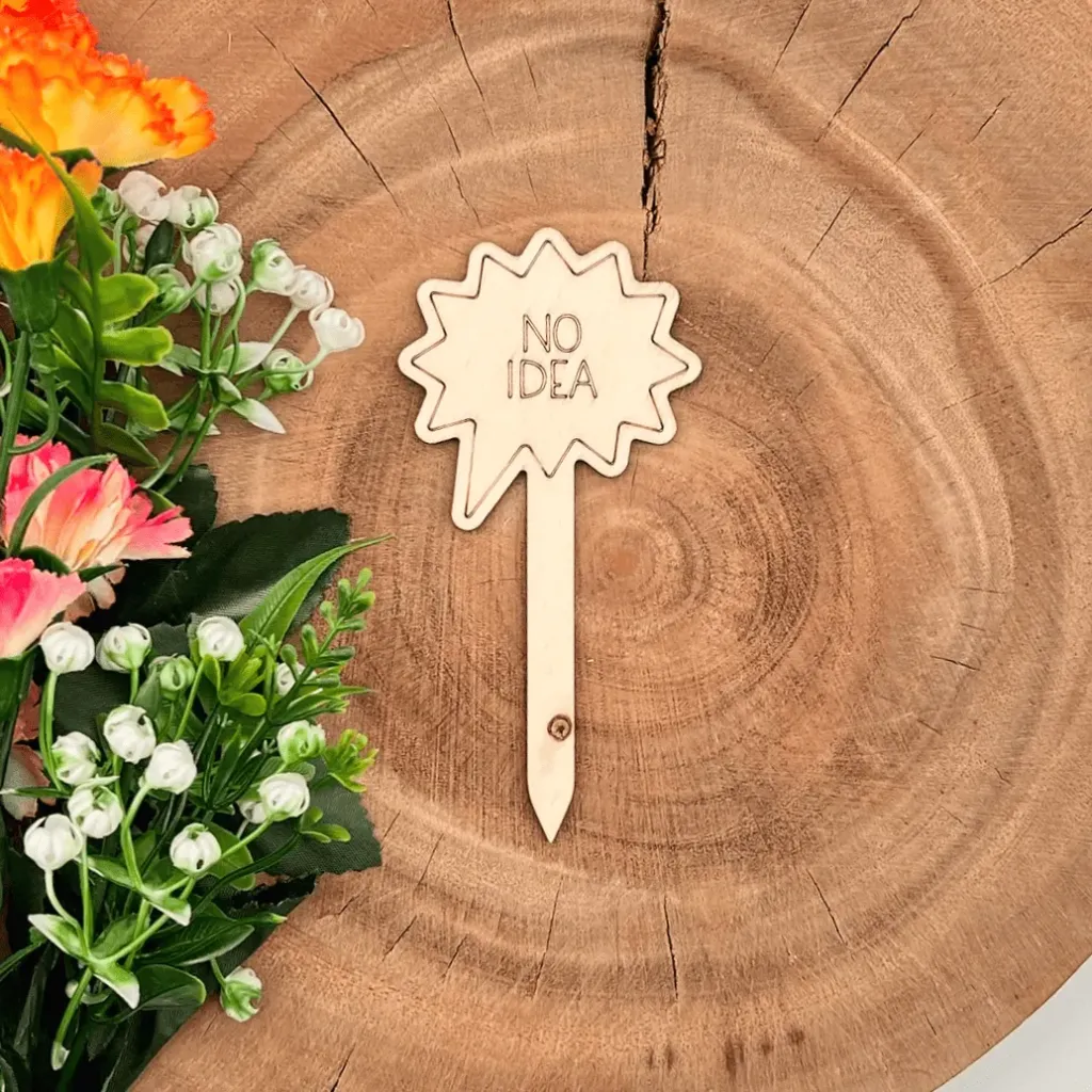 [A00675] Pflanzenstecker aus Holz mit Spruch – „NO IDEA“ (Natur)