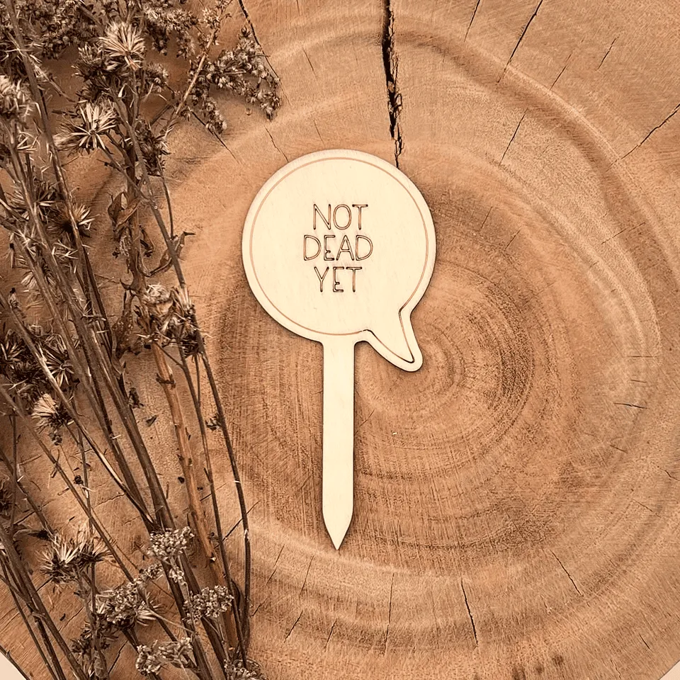 [A00676] Pflanzenstecker aus Holz mit Spruch – „NOT DEAD YET“ (Natur)