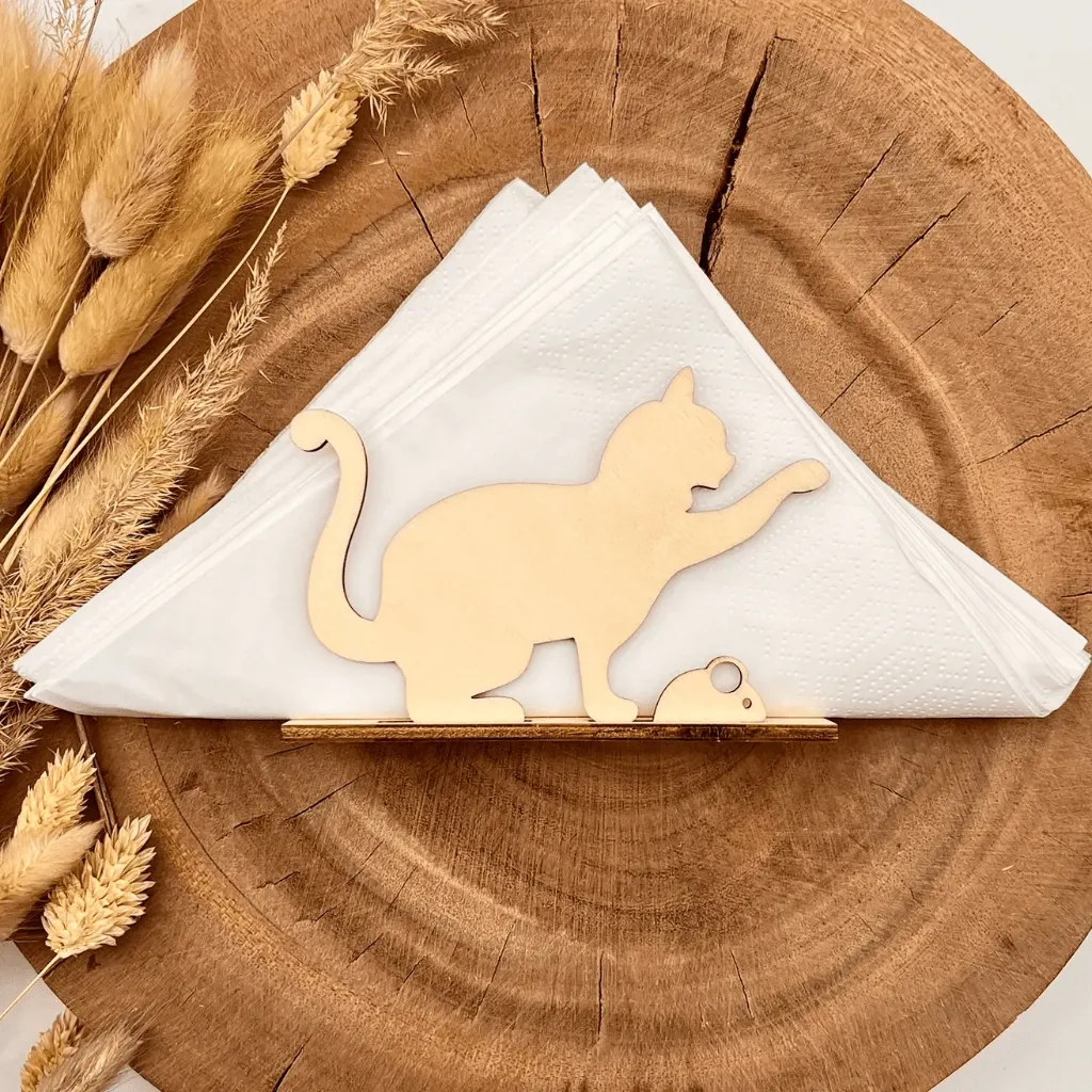 [A00282] Serviettenhalter aus Holz – Spielende Katze