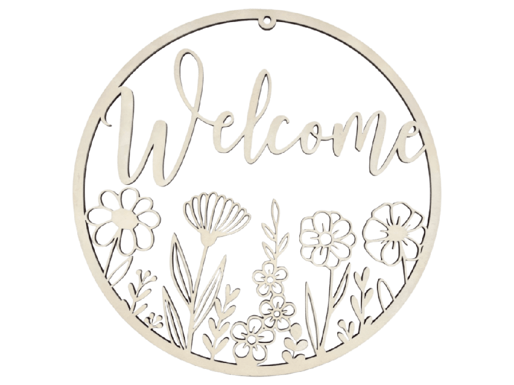 Türkranz „Welcome“ aus Holz mit Blumenmotiv