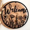 Türkranz aus Holz „Welcome“ mit Blumenmotiv