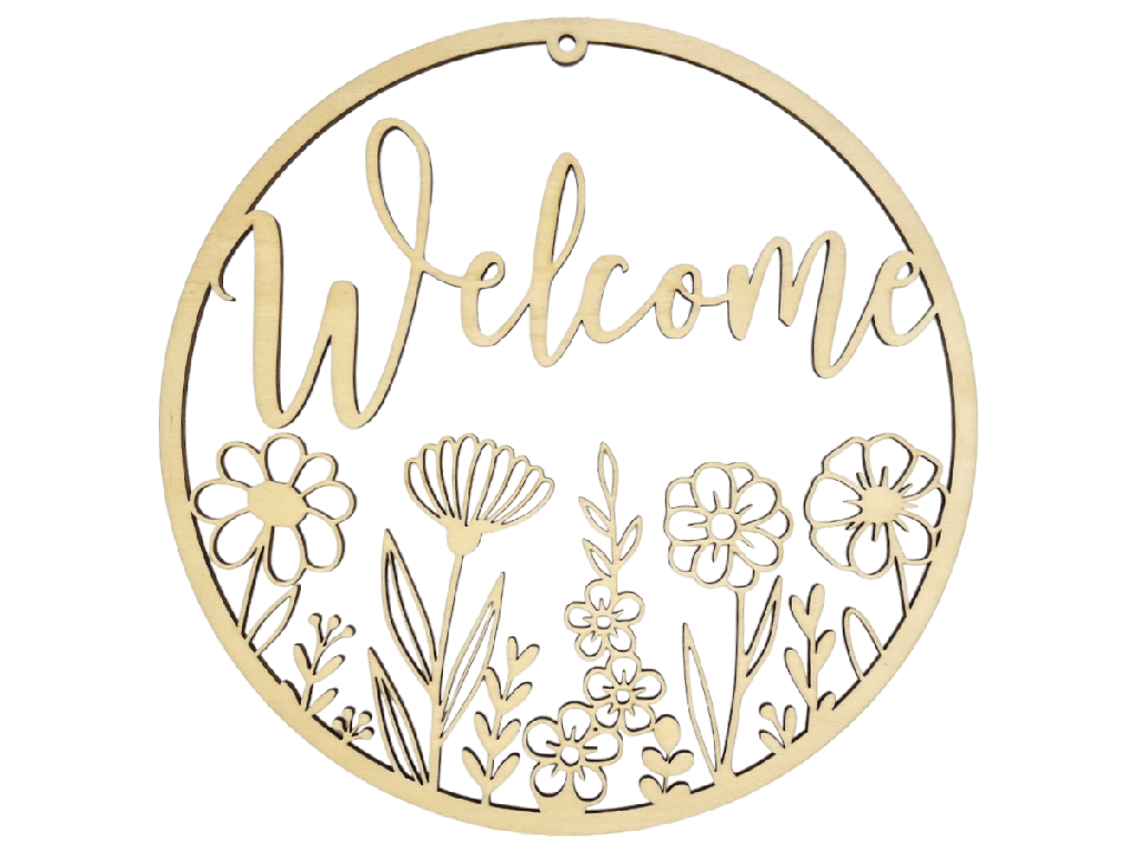 Türkranz „Welcome“ aus Holz mit Blumenmotiv