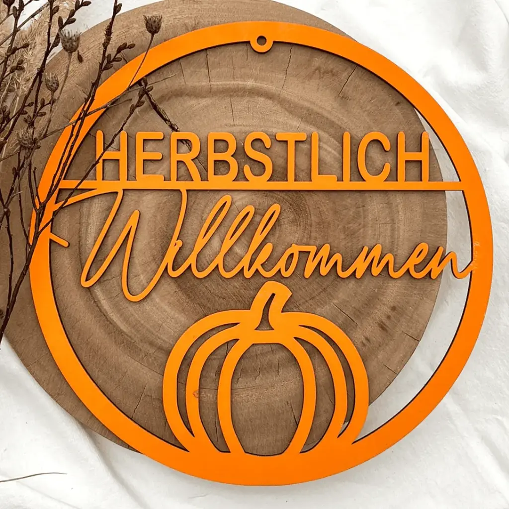 Türkranz aus Holz „HERBSTLICH Willkommen“ mit Kürbismotiv