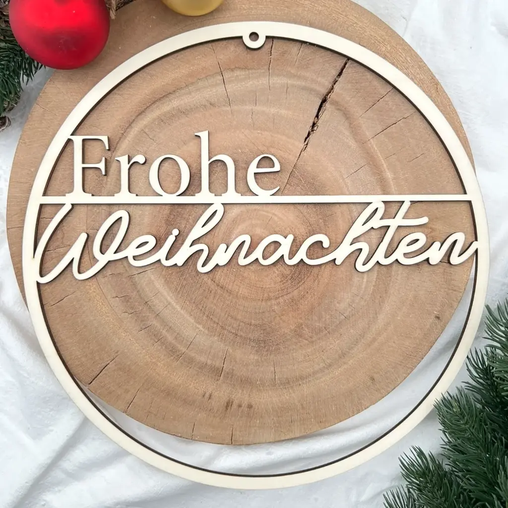 [A01033] Türkranz aus Holz „Frohe Weihnachten“ (Natur)