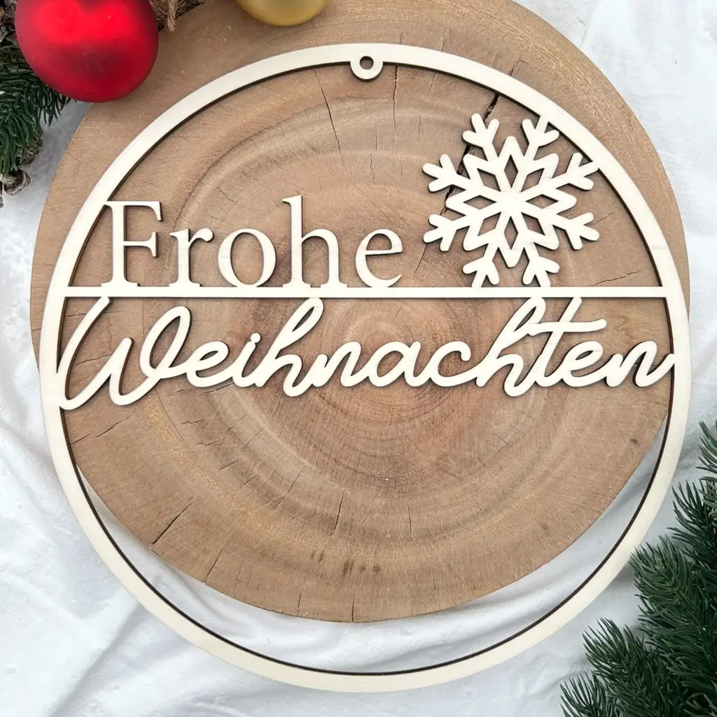 [A01036] Türkranz aus Holz „Frohe Weihnachten“ mit Schneeflocke (Natur)