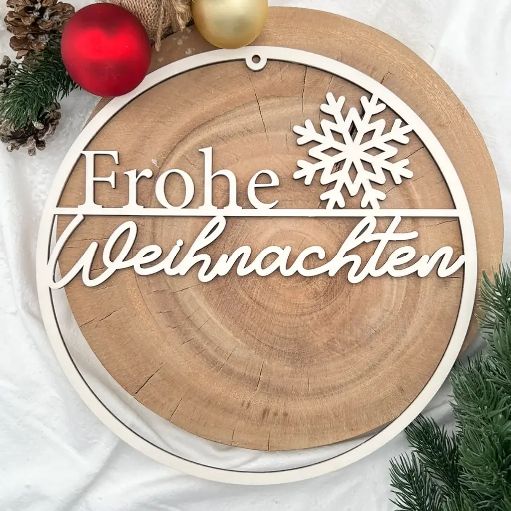 Türkranz aus Holz „Frohe Weihnachten“ mit Schneeflocke