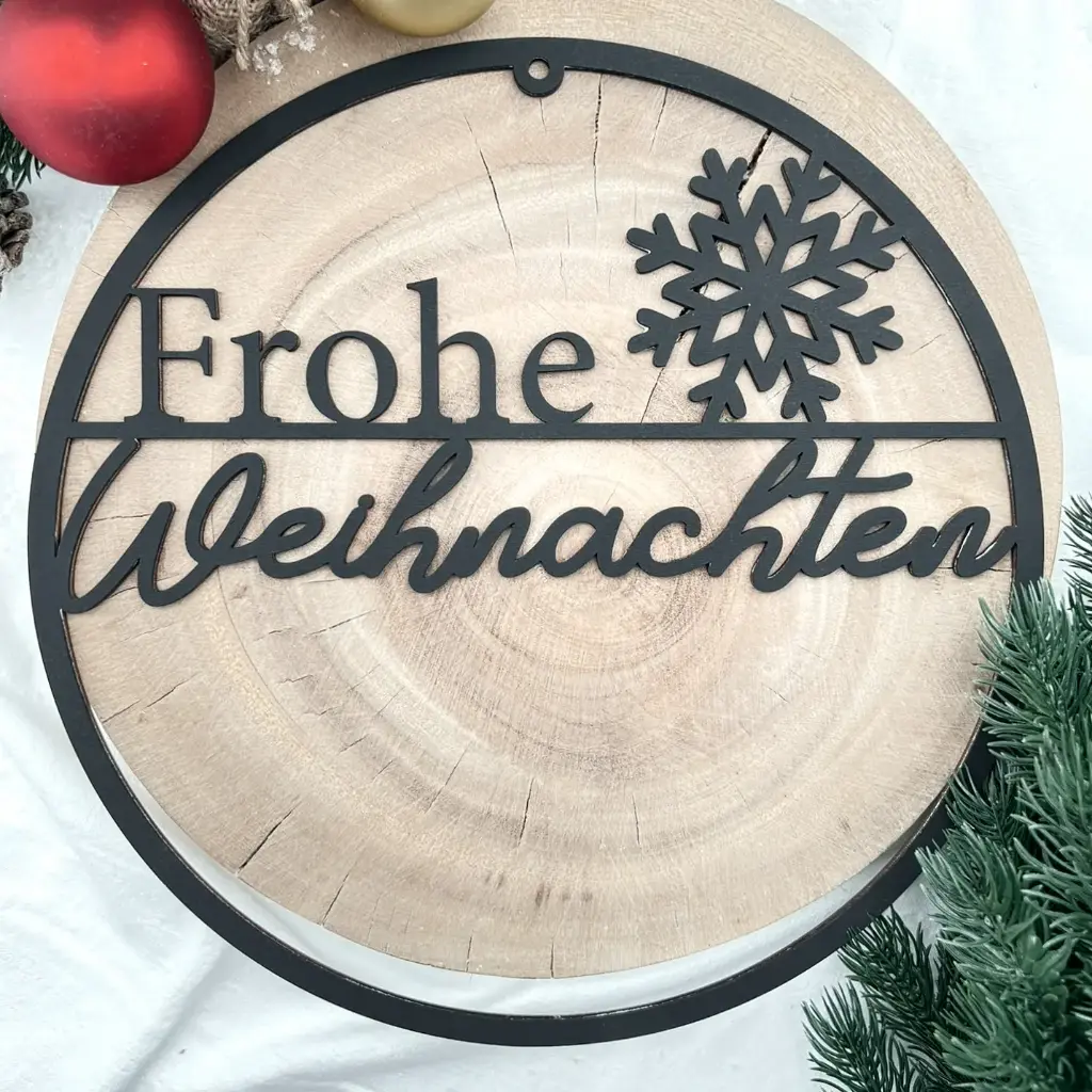 Türkranz aus Holz „Frohe Weihnachten“ mit Schneeflocke