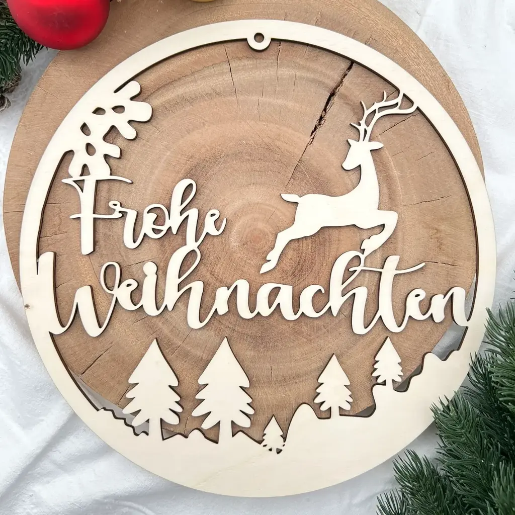 [A01041] Türkranz aus Holz „Frohe Weihnachten“ mit Rentier (Natur)