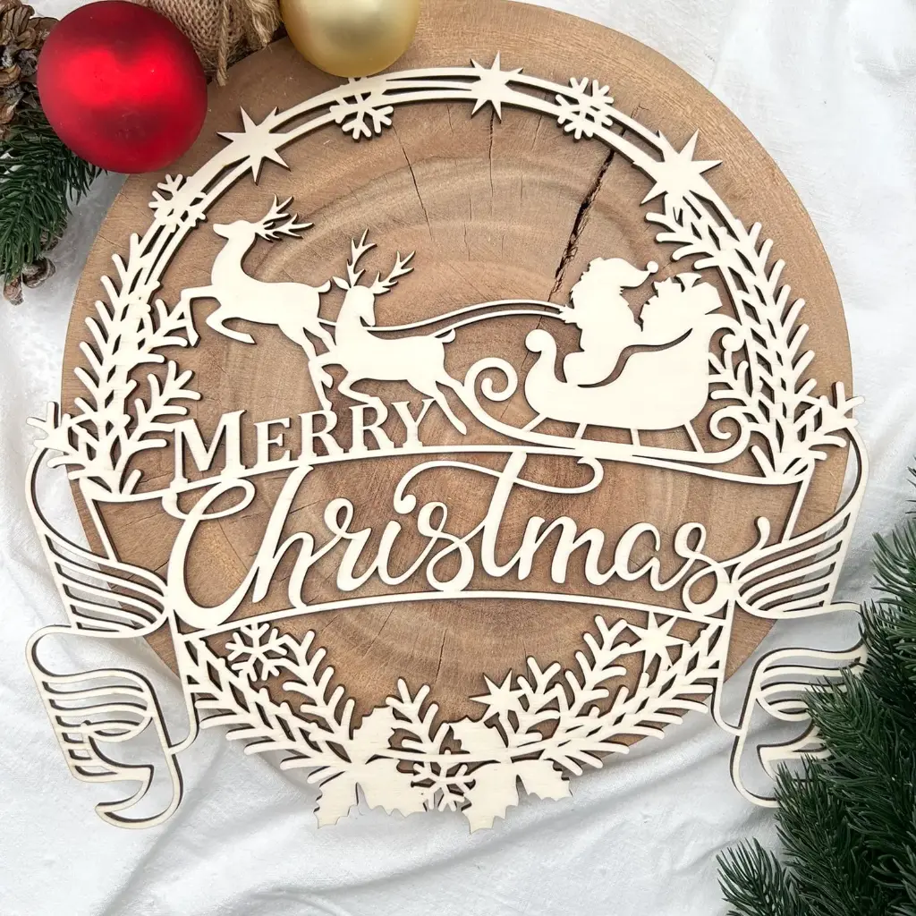 [A01047] Türkranz aus Holz „MERRY Christmas“ (Natur)