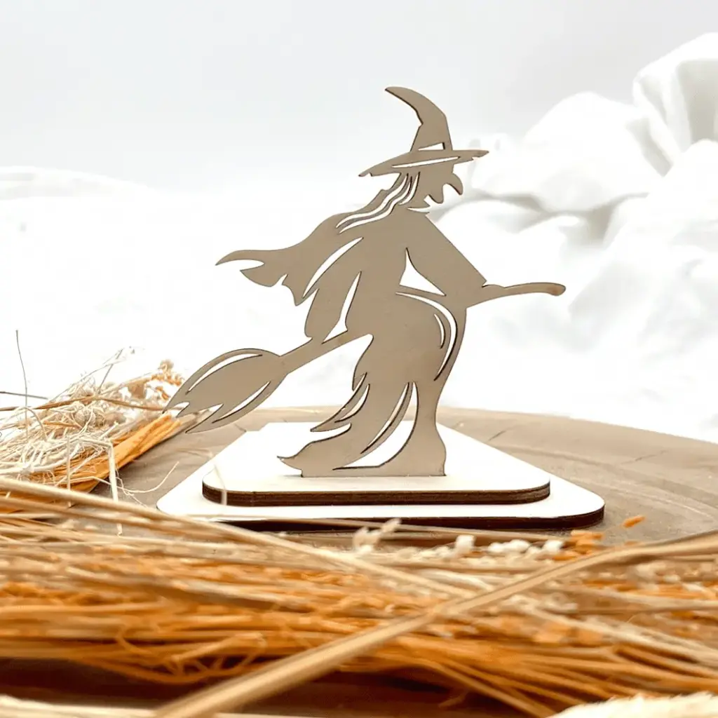 [A01217] Halloween Kerzenpodest aus Holz – Hexe (Natur)