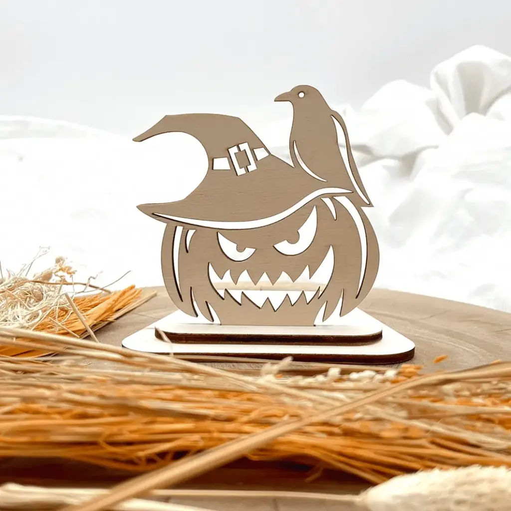 [A01214] Halloween Kerzenpodest aus Holz – Kürbis des Grauens (Natur)