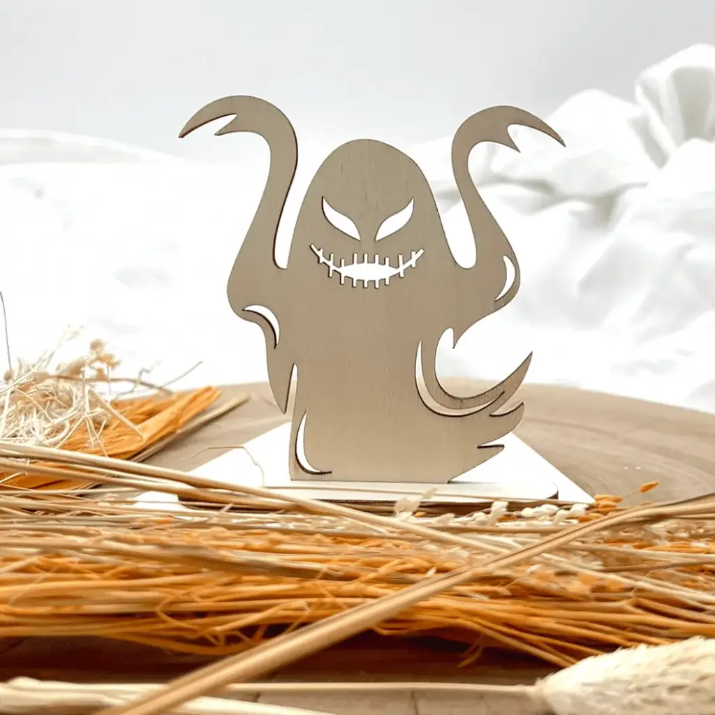 [A01219] Halloween Kerzenpodest aus Holz – Schauriger Geist (Natur)
