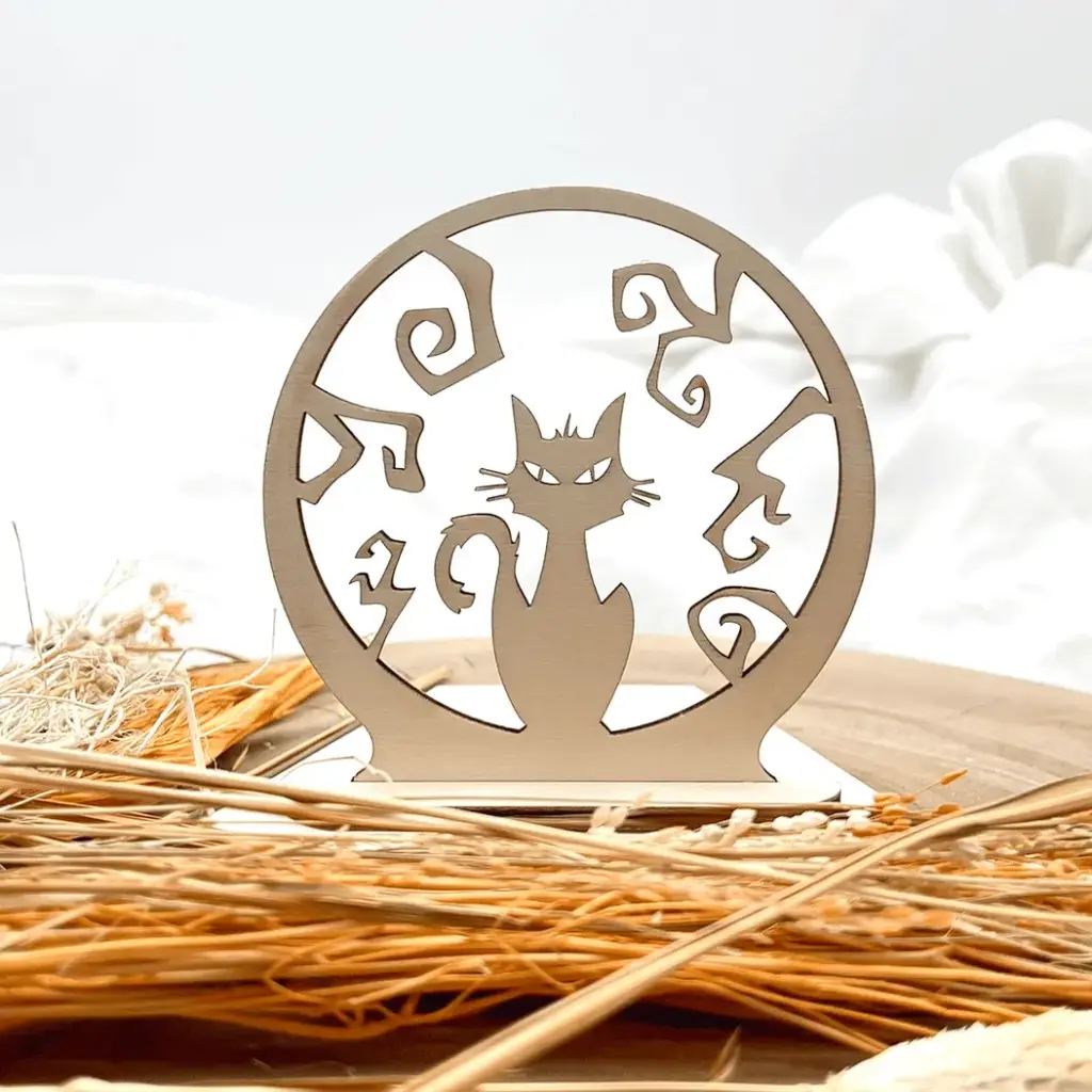 [A01213] Halloween Kerzenpodest aus Holz – Schaurige Katze (Natur)