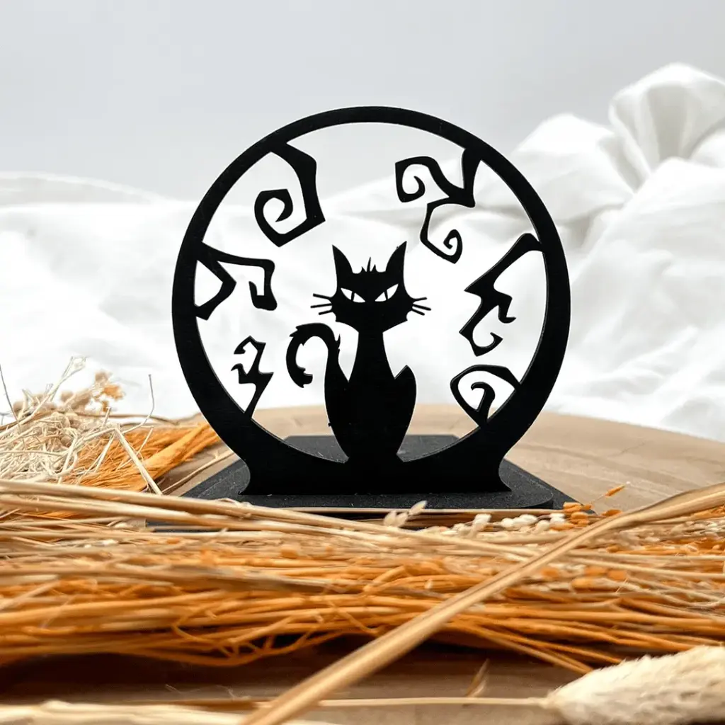 Halloween Kerzenpodest aus Holz – Schaurige Katze