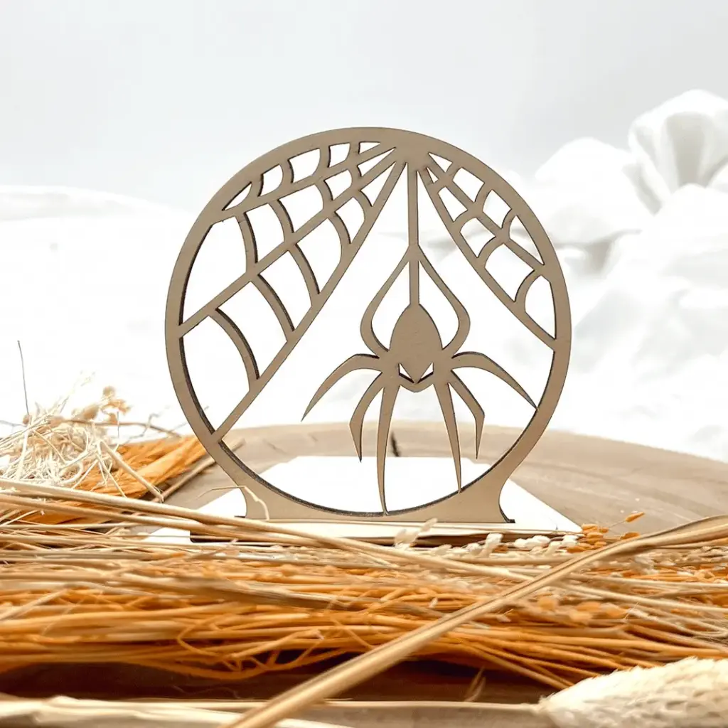 [A01212] Halloween Kerzenpodest aus Holz – Spinne des Schreckens (Natur)