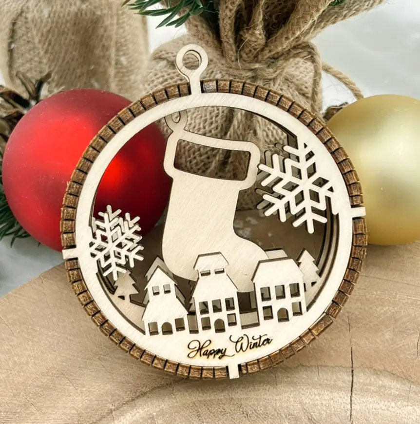[A01181] 3D-Christbaumschmuck aus Holz – Frostige Dorfidylle