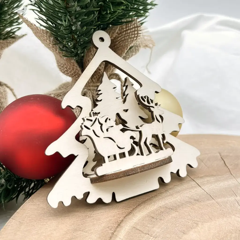 3D-Weihnachtsbaumanhänger aus Holz – Weihnachtsschlitten
