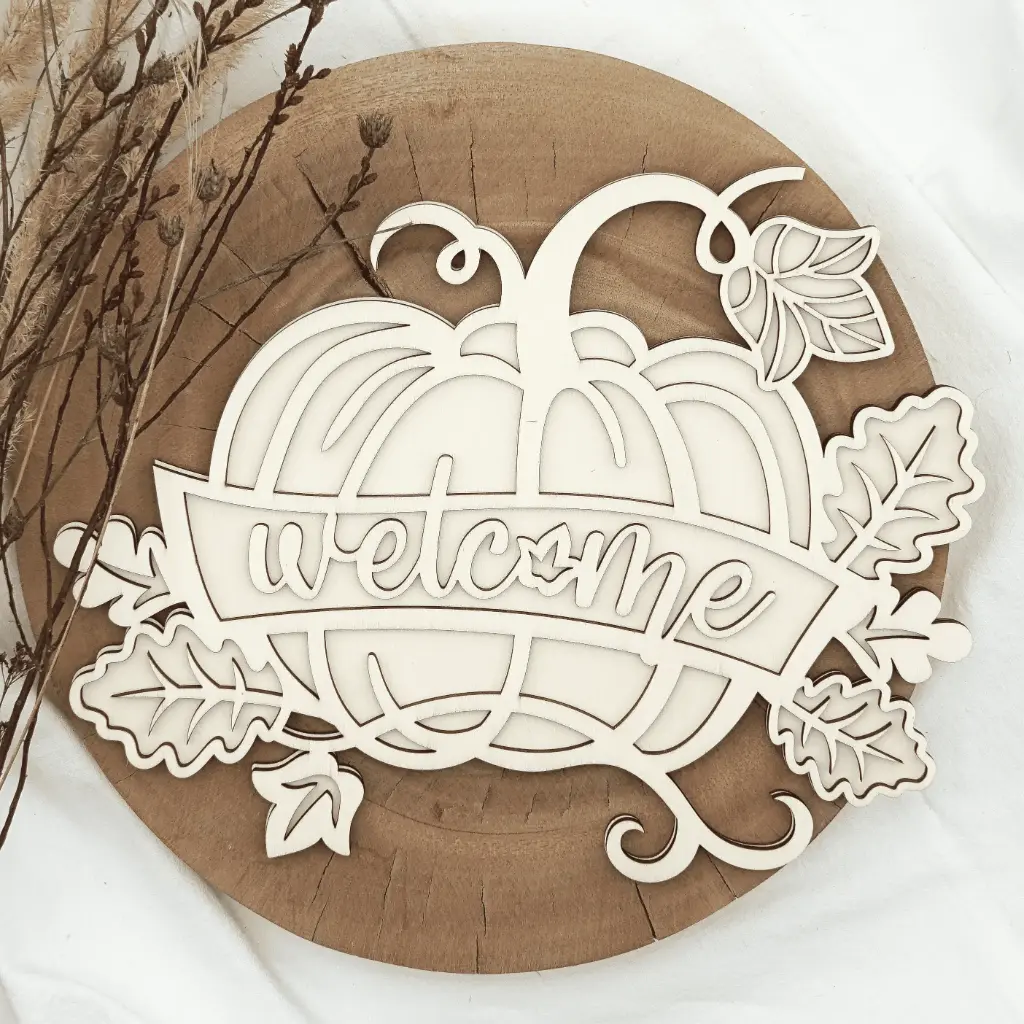 [A01331] Herbst Deko aus Holz – Kürbis Willkommensschild (Natur)
