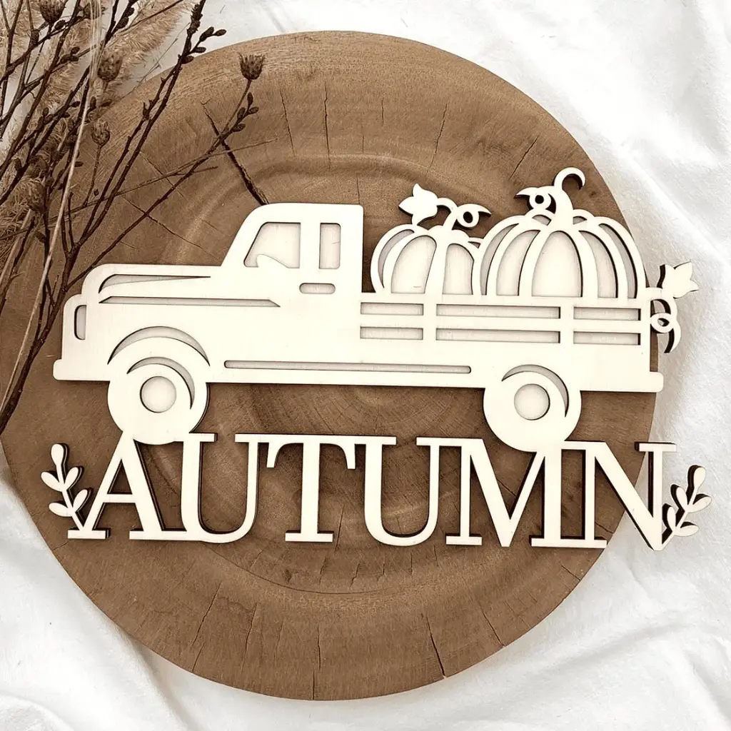 [A01333] Herbst Deko aus Holz – Truck mit Kürbis (Natur)