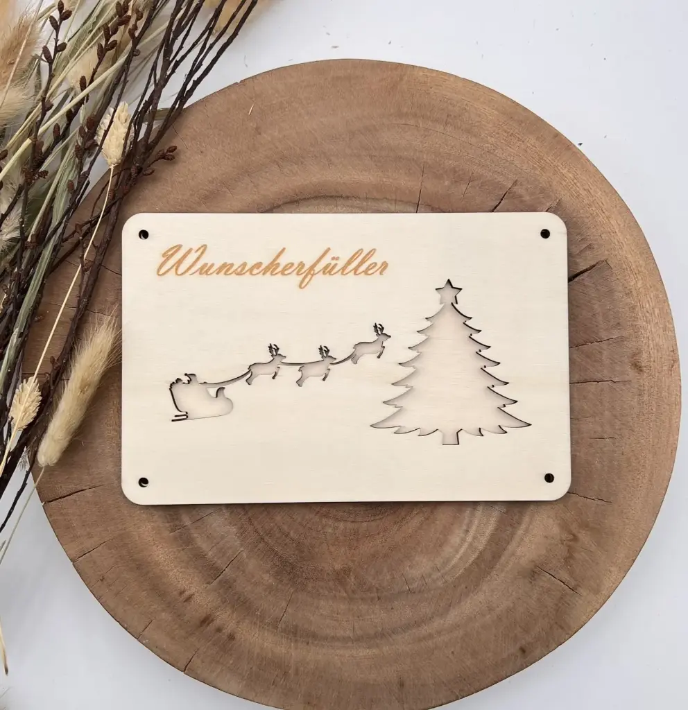 [A01367] Geldgeschenk aus Holz „Wunscherfüller“ mit Weihnachtsmotiv