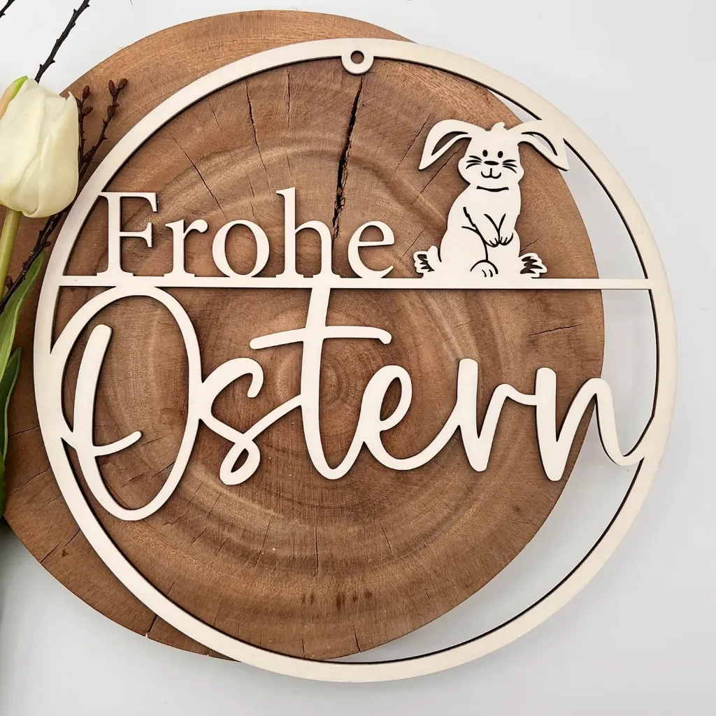 Türkranz aus Holz „Frohe Ostern“ mit Hasenmotiv