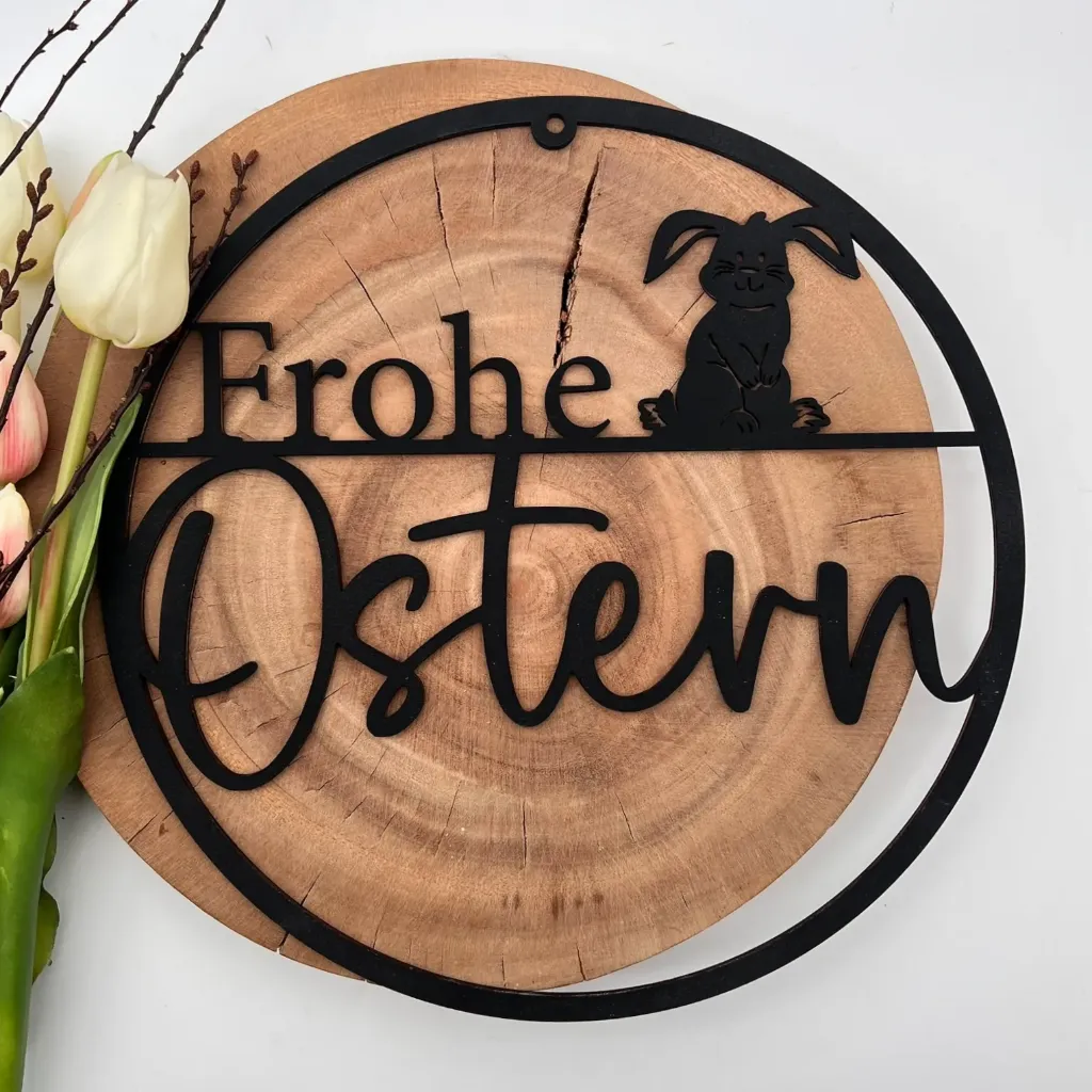 Türkranz aus Holz „Frohe Ostern“ mit Hasenmotiv