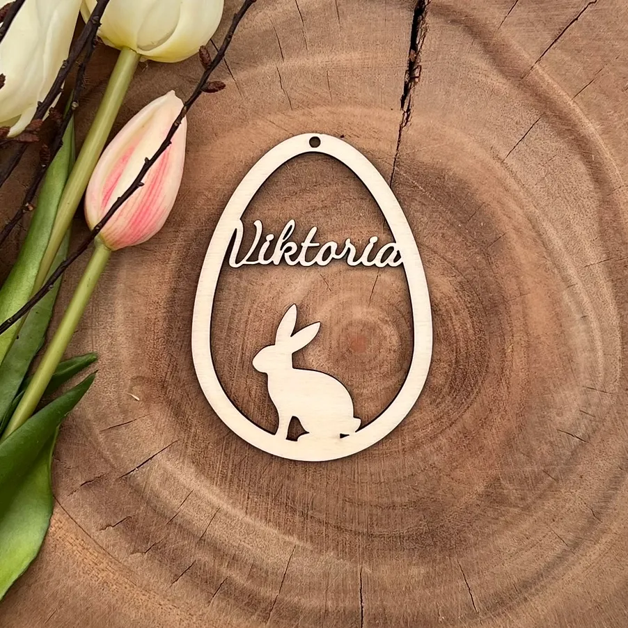 [P00045] Personalisierbares Osterornament Hasensilhouette aus Holz