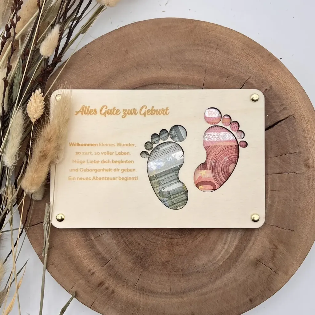 [A01685] Geldgeschenk aus Holz Geburt – „Alles Gute zur Geburt“