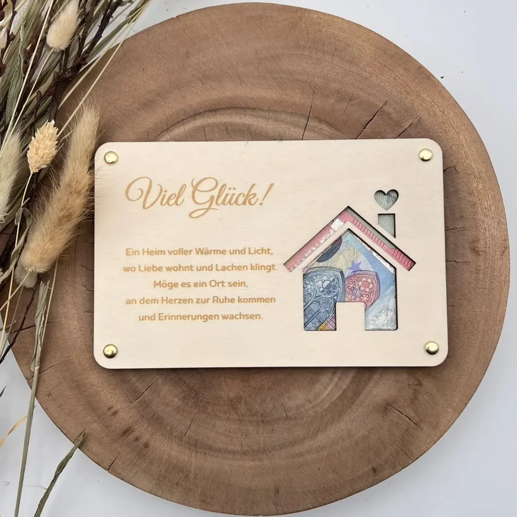[A01683] Geldgeschenk aus Holz Einzug – „Viel Glück“ für das neue Zuhause