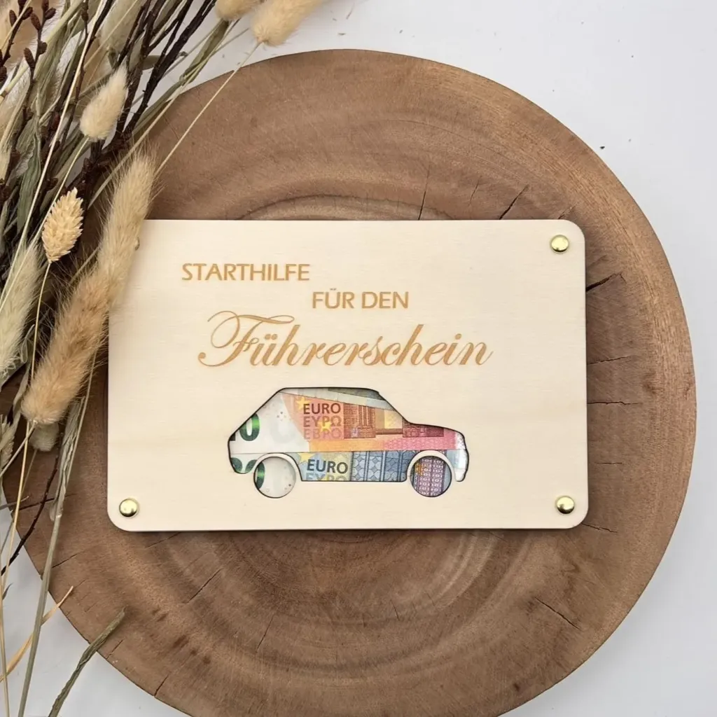 [A01688] Geldgeschenk aus Holz „Starthilfe für den Führerschein“ – Auto