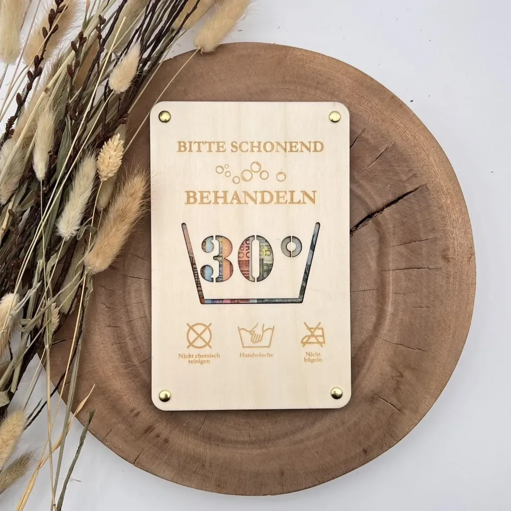 [A01691] Geldgeschenk aus Holz zum 30-90. Geburtstag – „Bitte schonend behandeln“ (30)